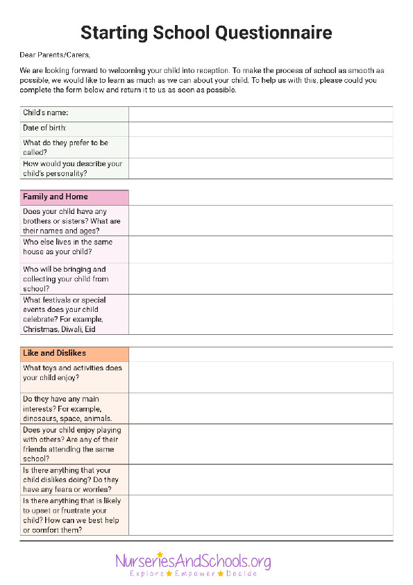 Starting school questionnaire