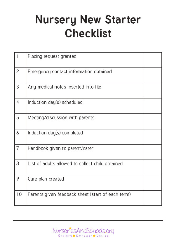 Nursery new starter checklist