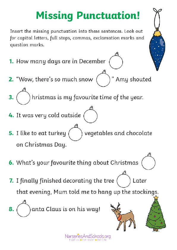 Christmas missing punctuation worksheet