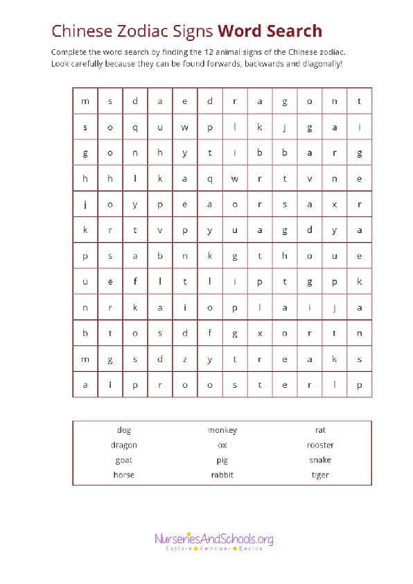 Chinese zodiac signs word search