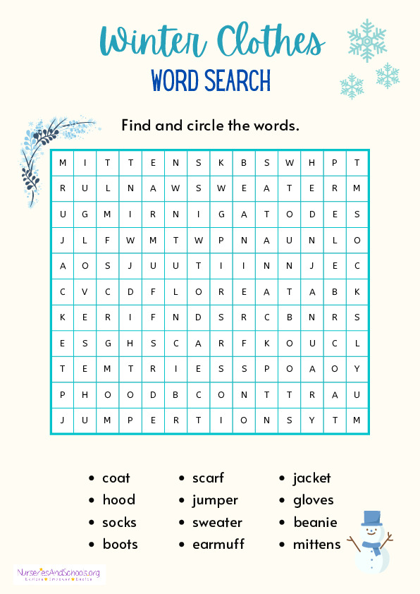 Winter Clothes Word Search