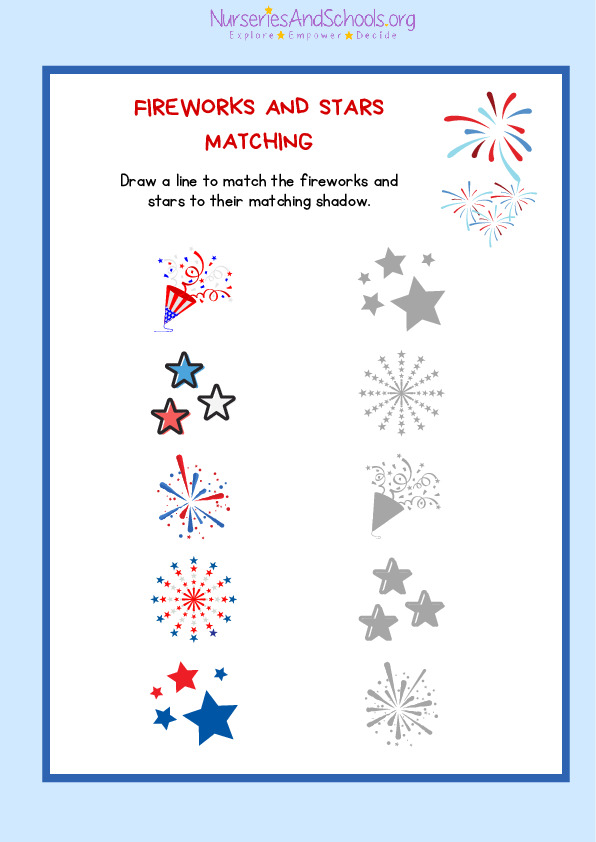 Fireworks and Shadow stars matching worksheet