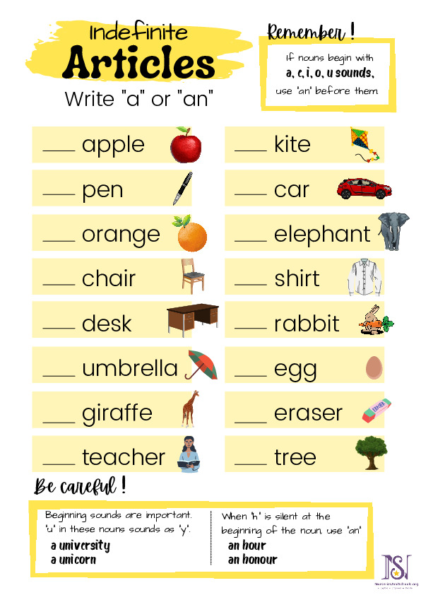 Indefinite Articles- A & AN English grammar worksheet