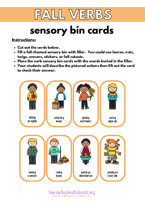 Fall Verbs- Sensory bin cards for speech therapy