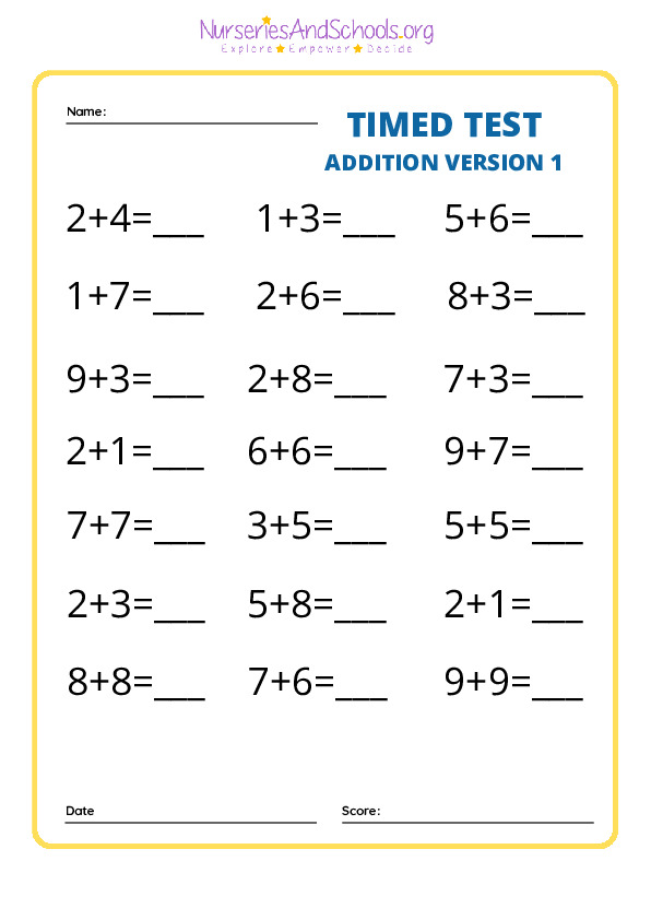 Addition Timed Test worksheet