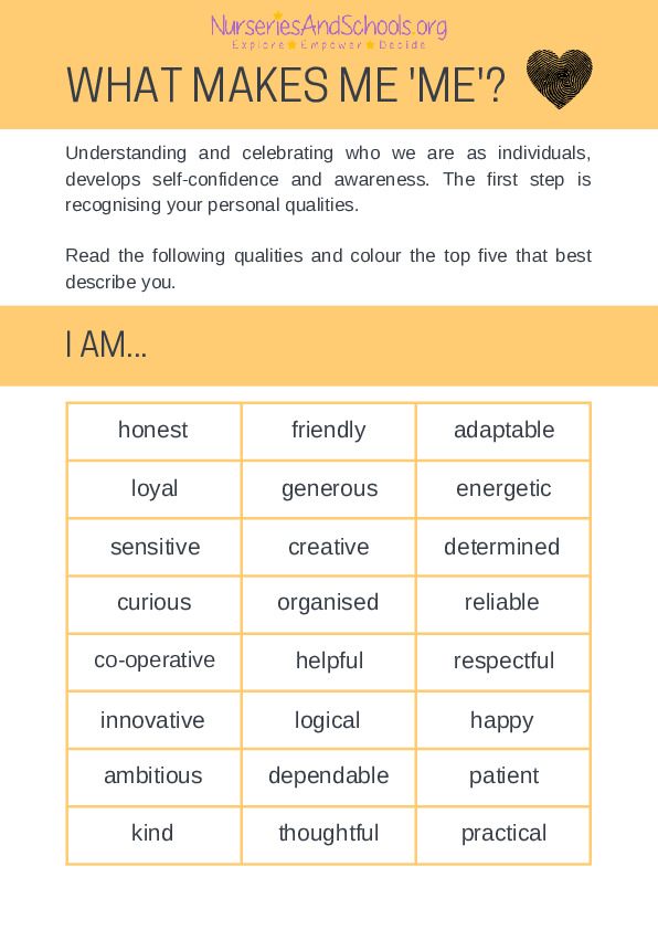 What makes me "Me" personal qualities worksheet