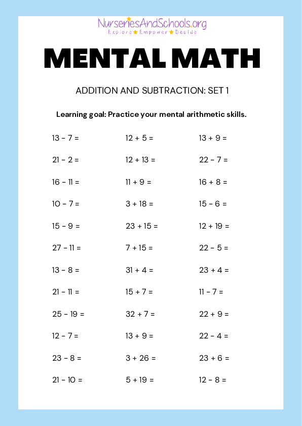 Addition and Subtraction math worksheet