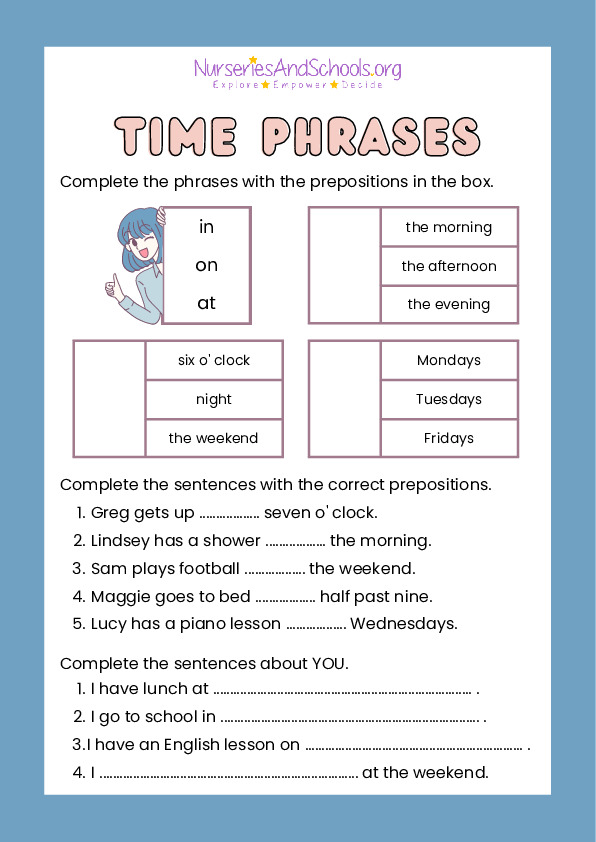 Time Phrases prepositions worksheet