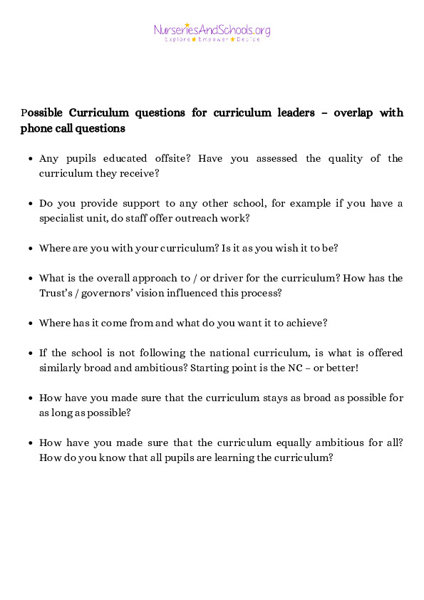 Inspection Training: Possible Curriculum Questions- Schools