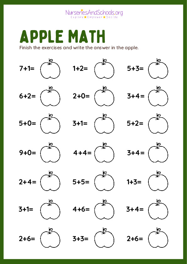 Green fun apple math worksheet