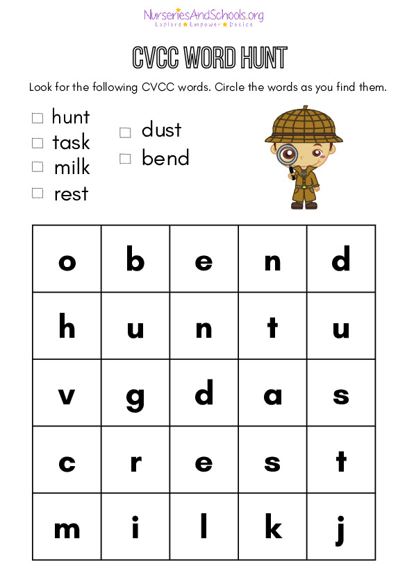 CVCC Word Hunt Worksheet