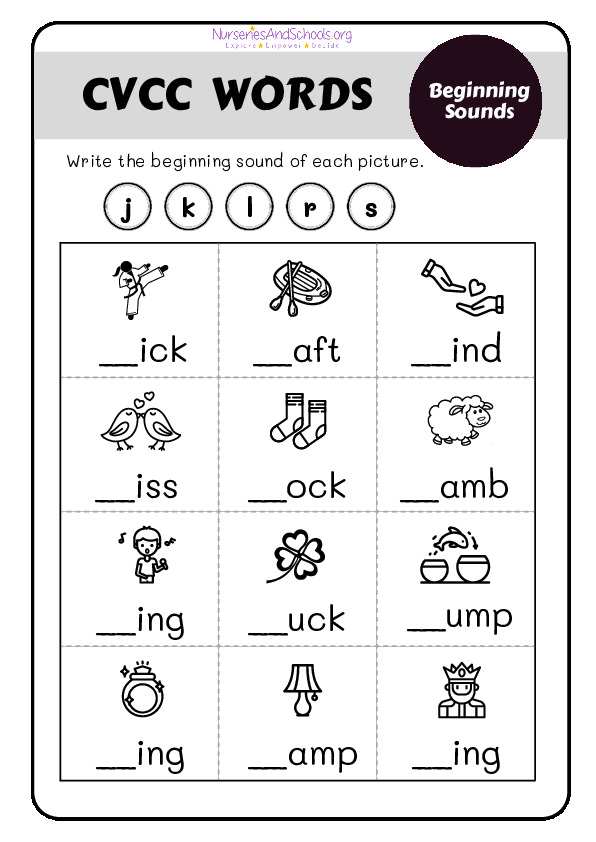 CVCC Words black and white worksheet