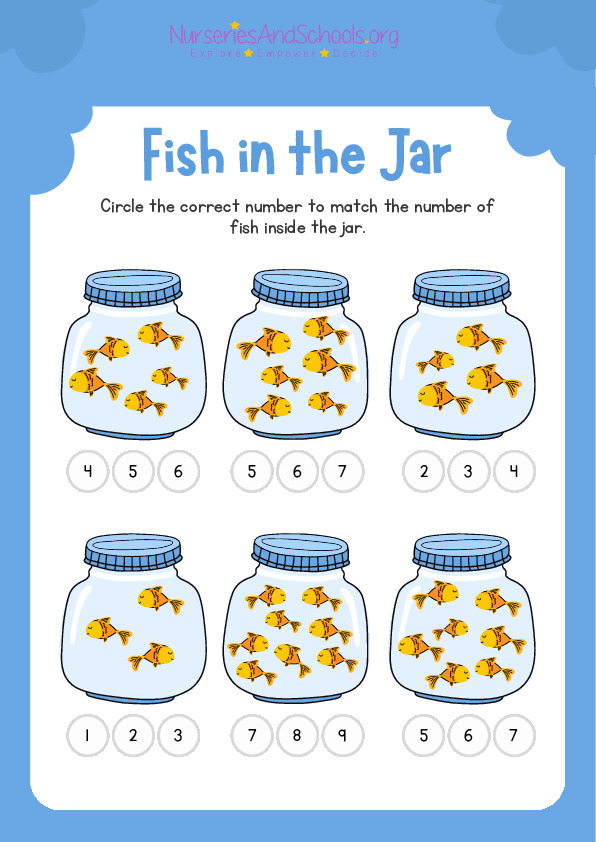 Blue and Yellow Fish counting worksheet