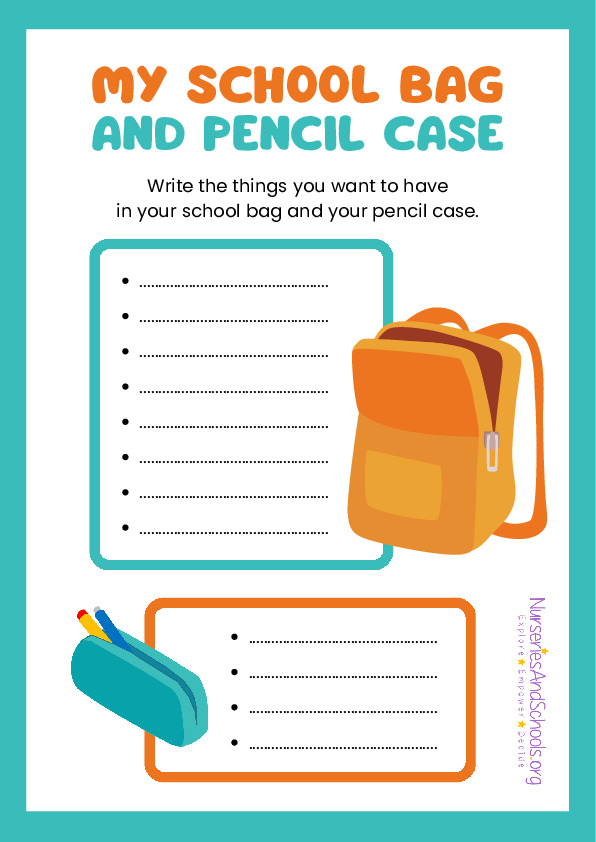 My School Bag and Pencil Case English Vocabulary Worksheet