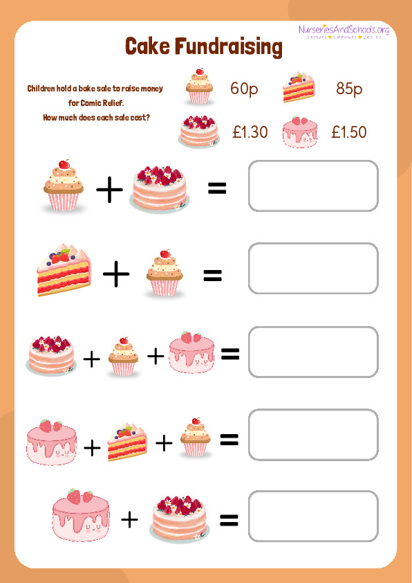 Red Nose Day- Cake Fundraising addition worksheet