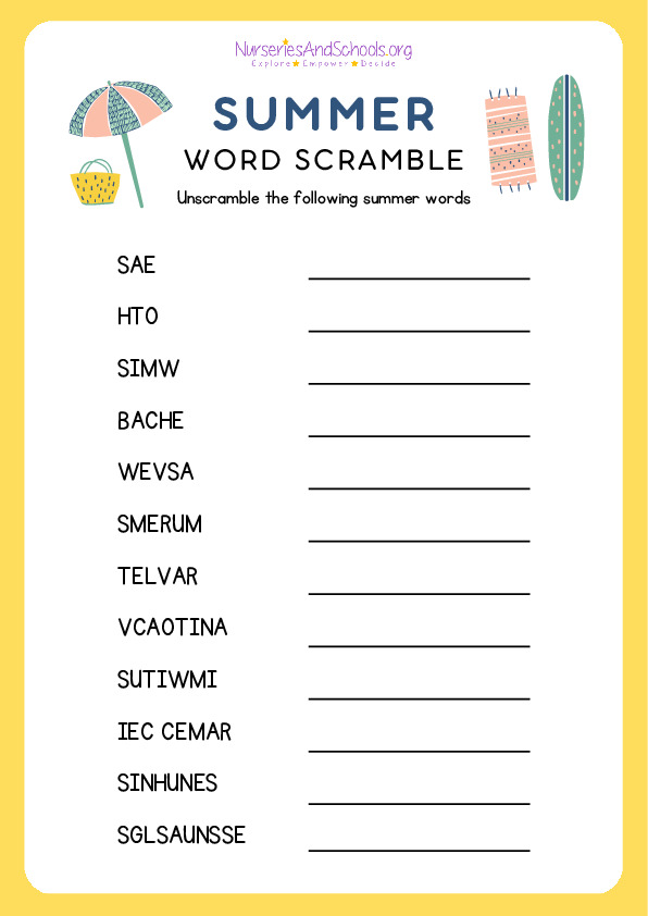 Summer Word Scramble Worksheet