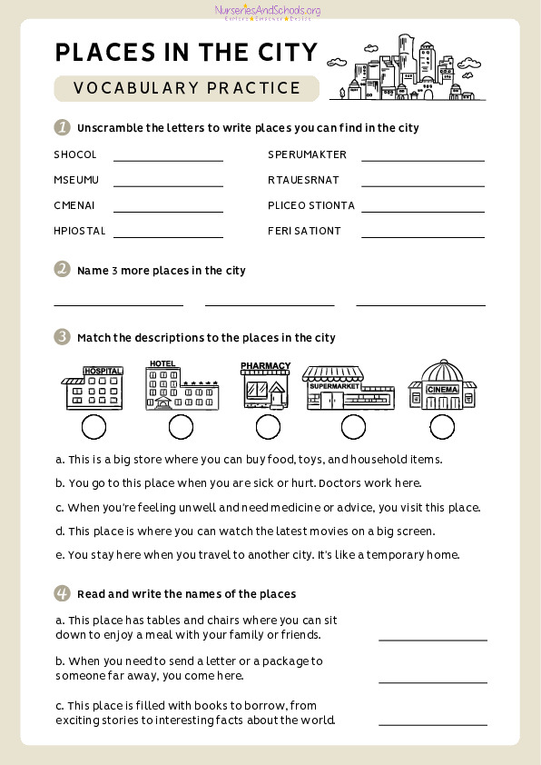 Places in the city- vocabulary practice worksheet