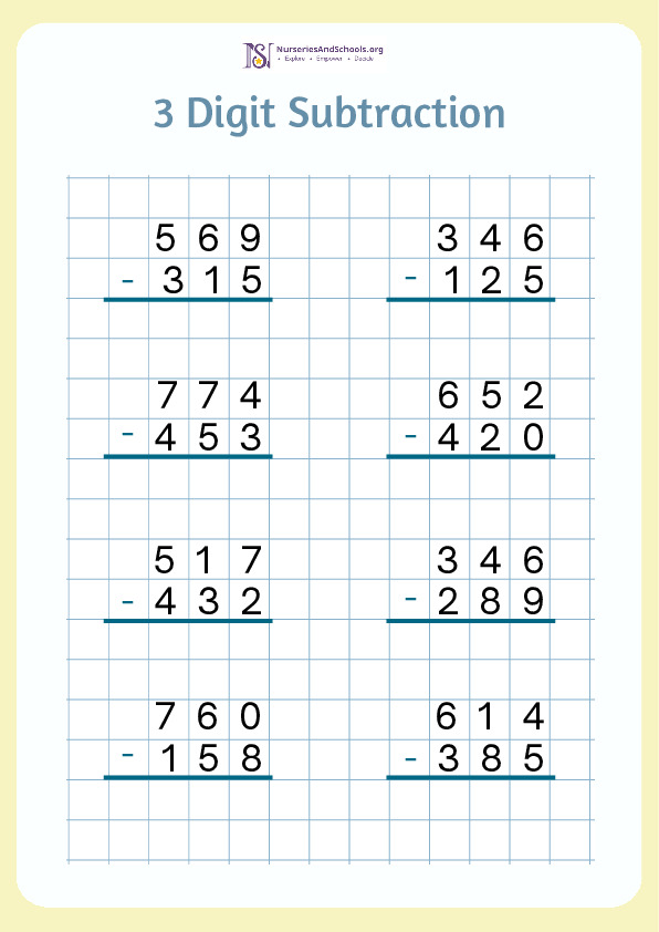 3 Digit Subtraction Worksheet