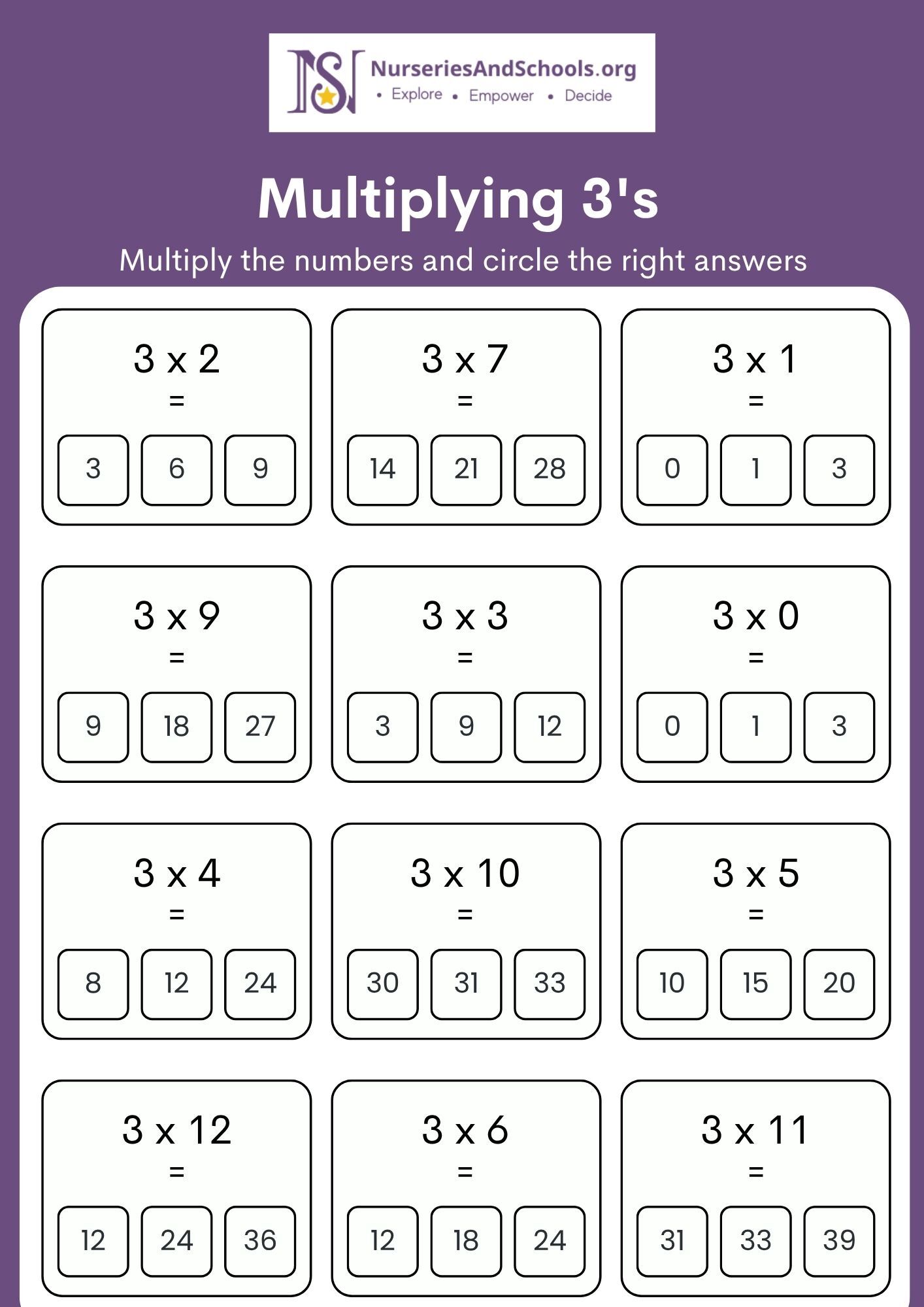 Multiply the numbers and circle the right answers