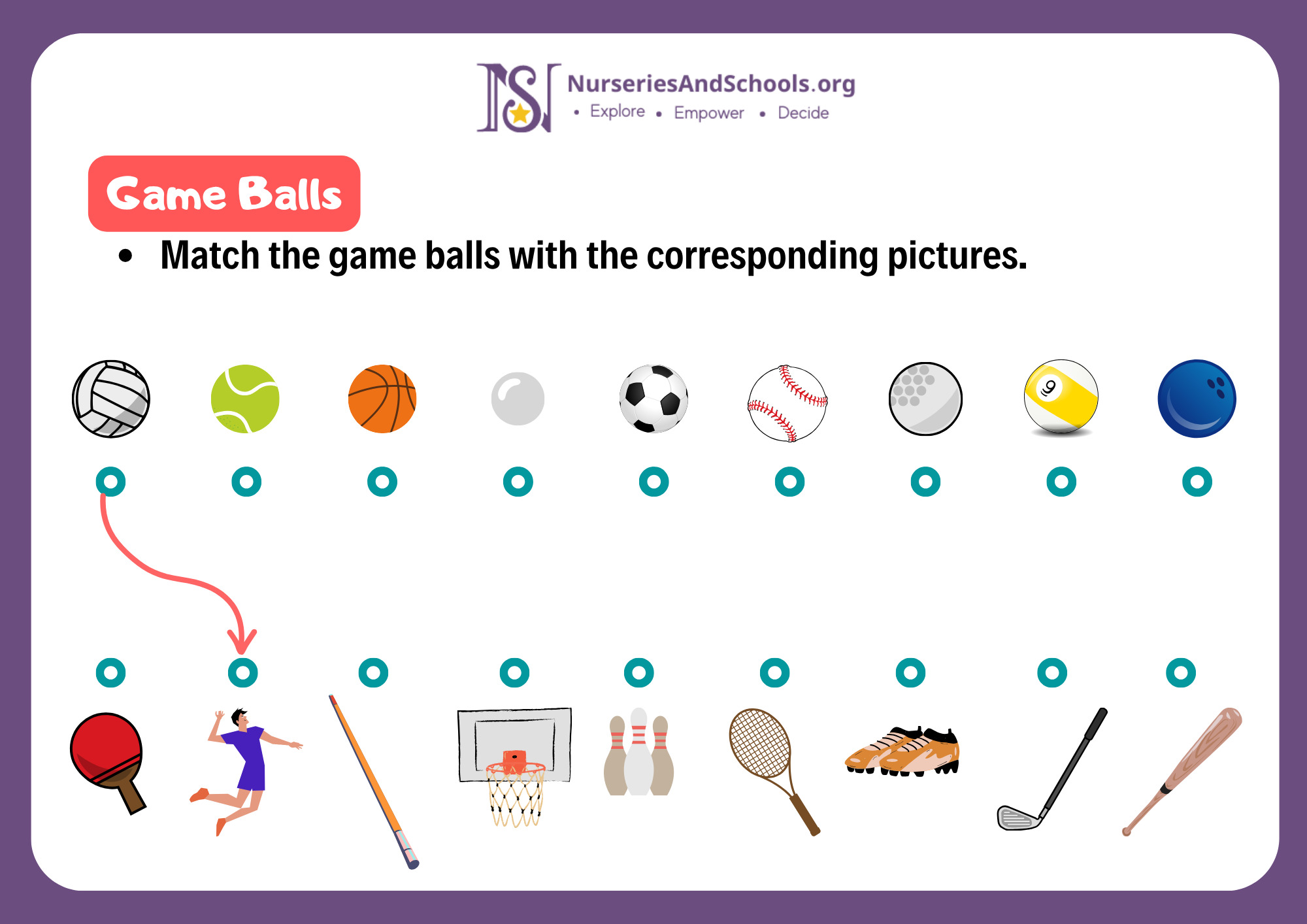 Match the game balls with the corresponding pictures.