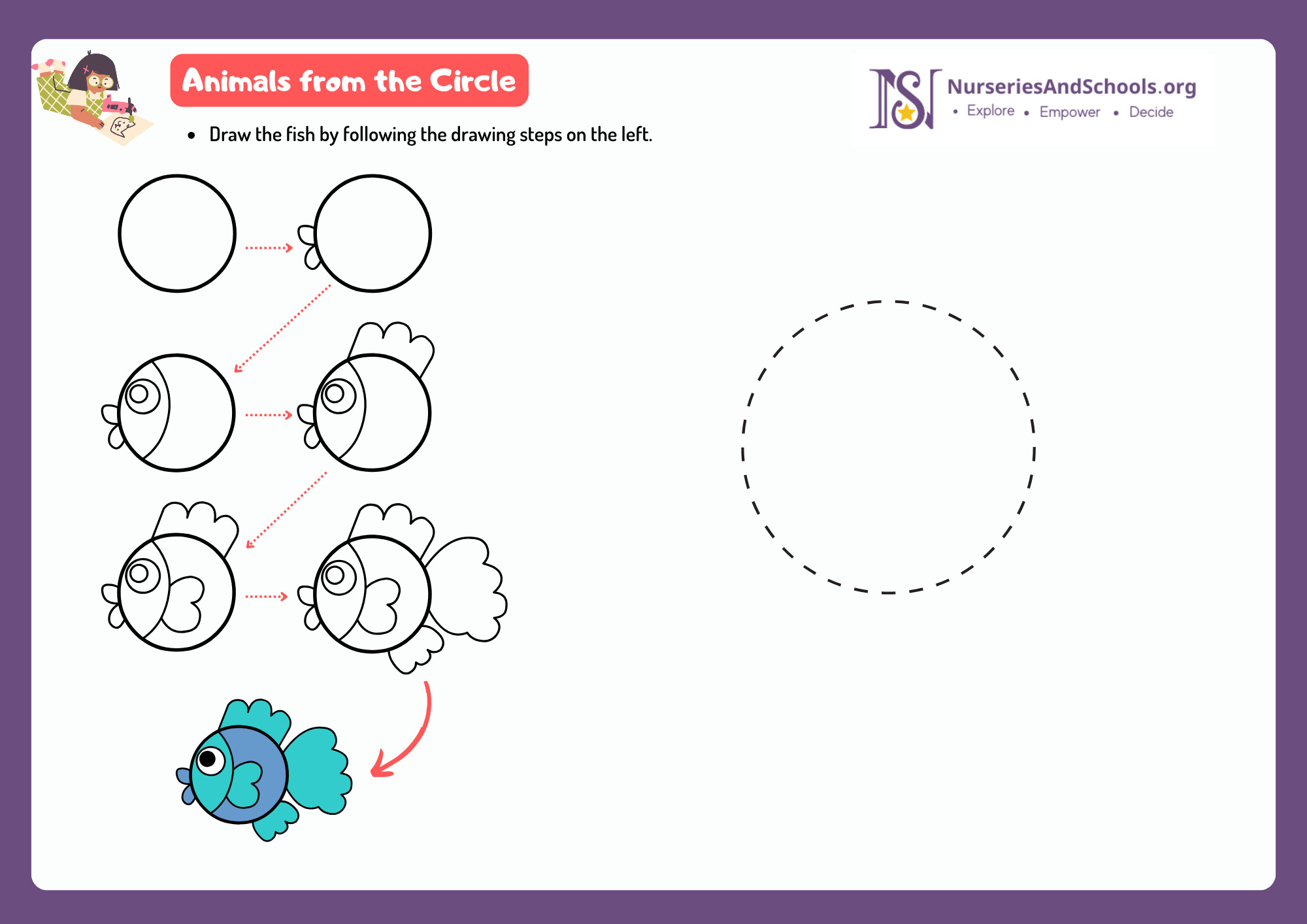 Draw the fish by following the drawing steps on the left.