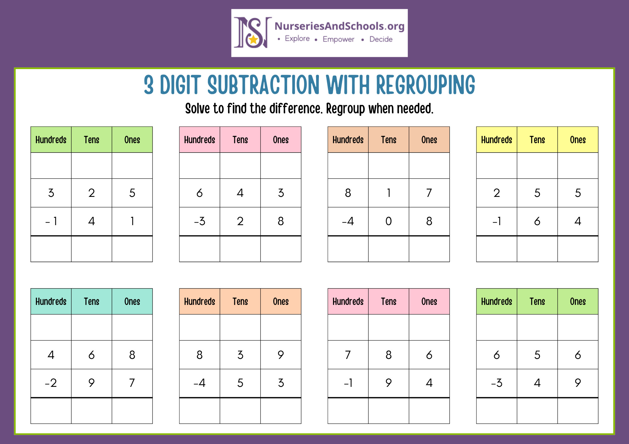 3 Digit Subtraction with regrouping