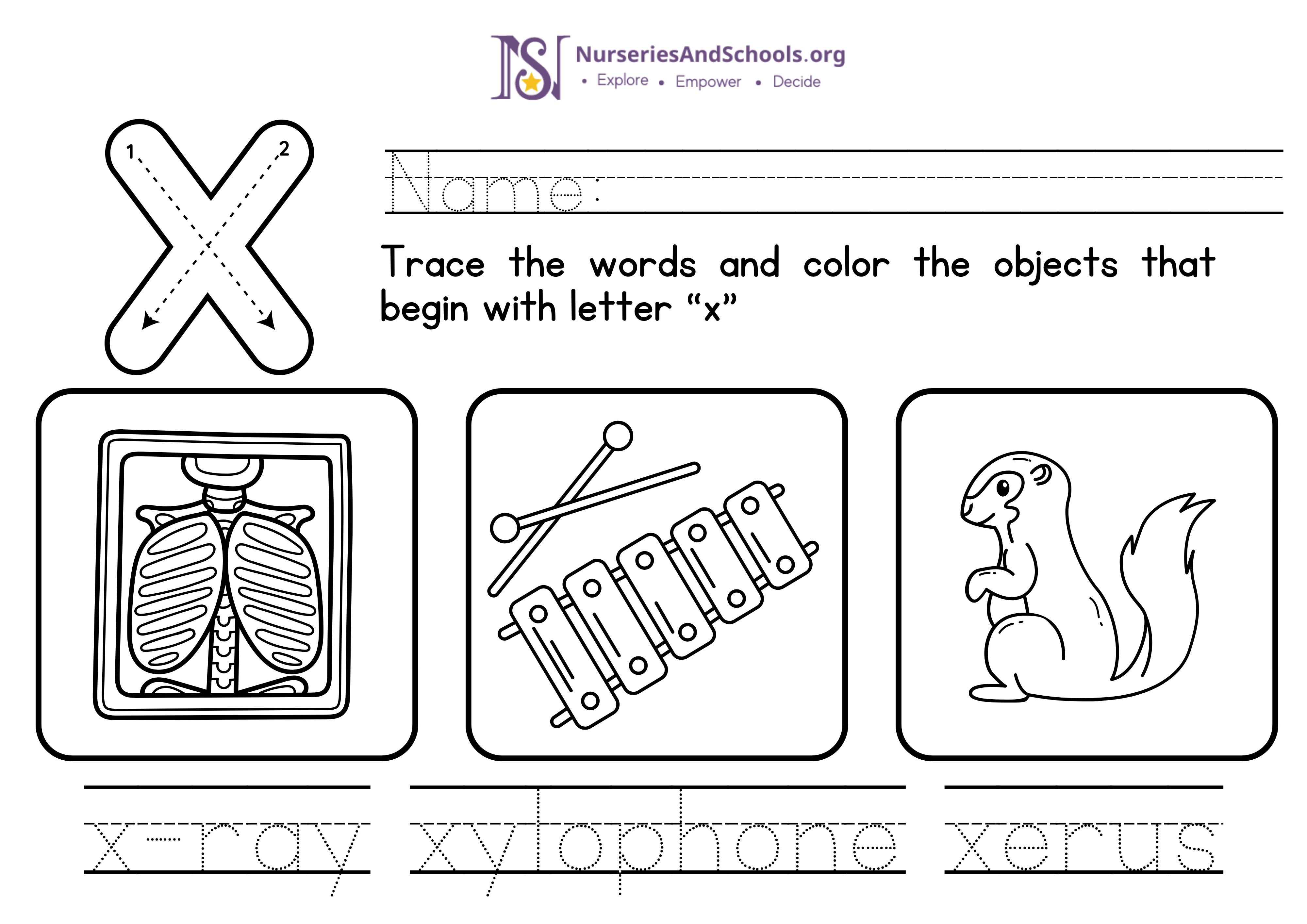 Trace the words and color the objects