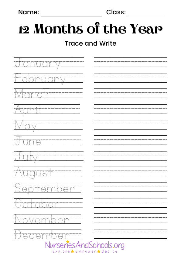 12 Months of the Year Tracing