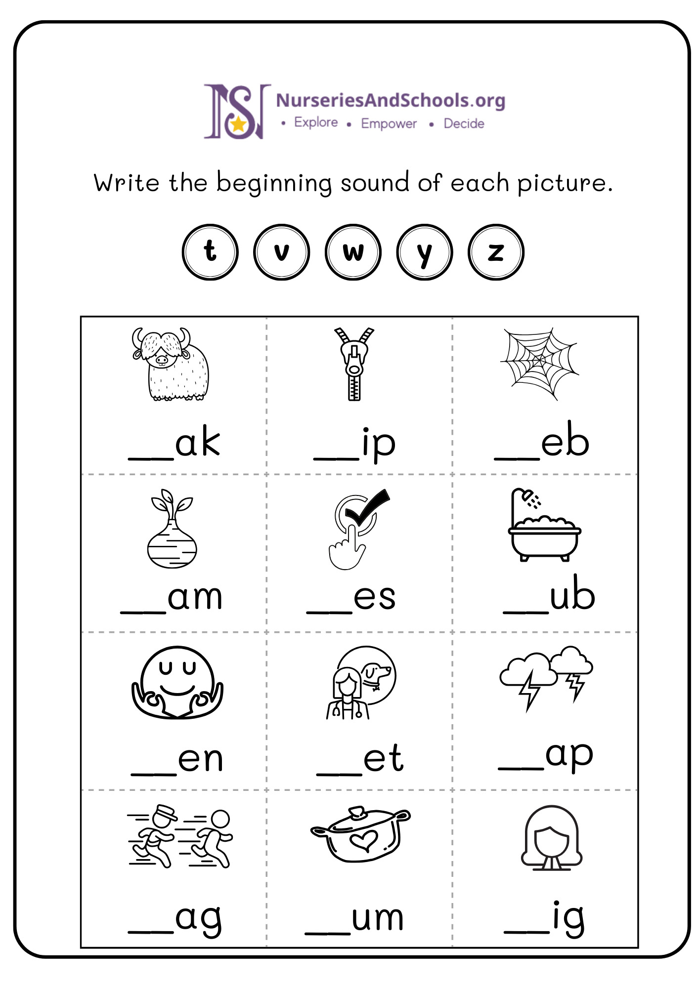 Write the beginning sound of each picture.