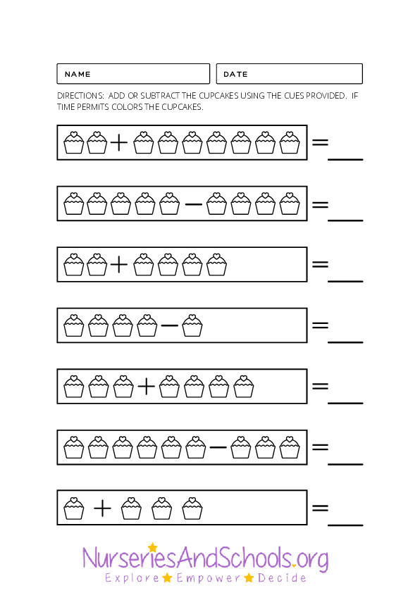 Cupcake Addition and Subtraction Worksheet