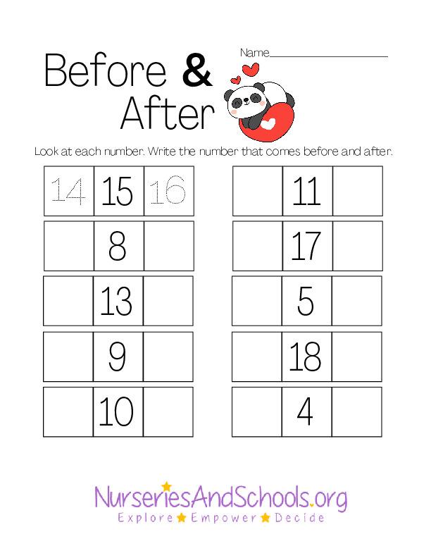 Before and After Math Worksheet
