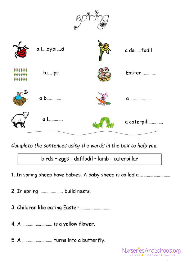 Complete the words and sentences - Spring English worksheet