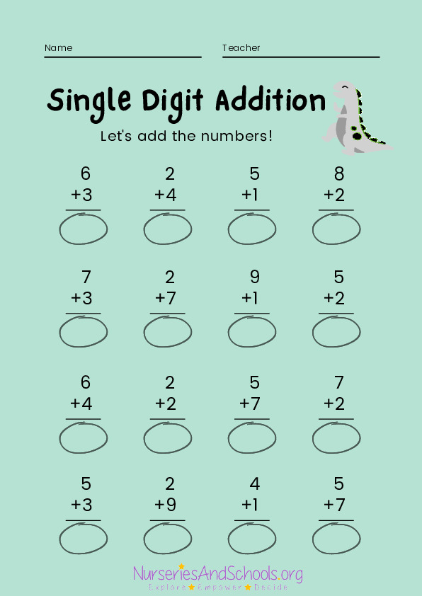 Single digit addition - Maths worksheet