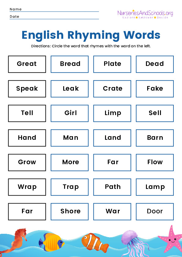 English Spelling Rhyming Words Worksheet