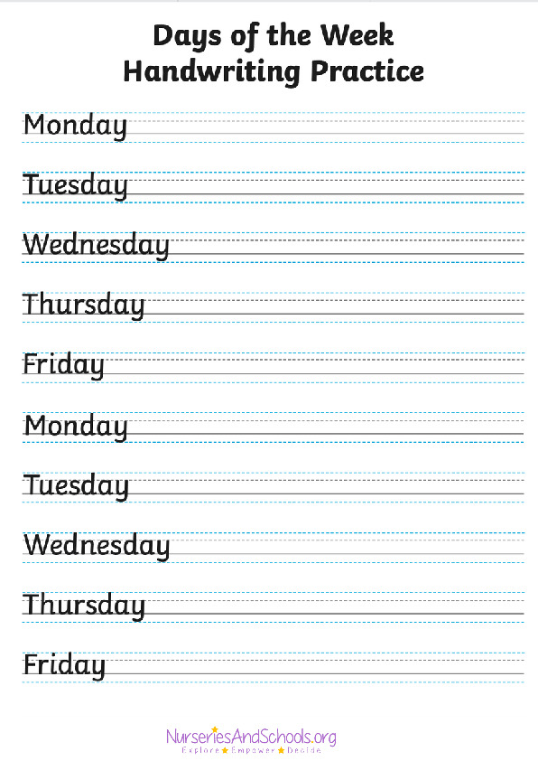 Days of the week handwriting practice