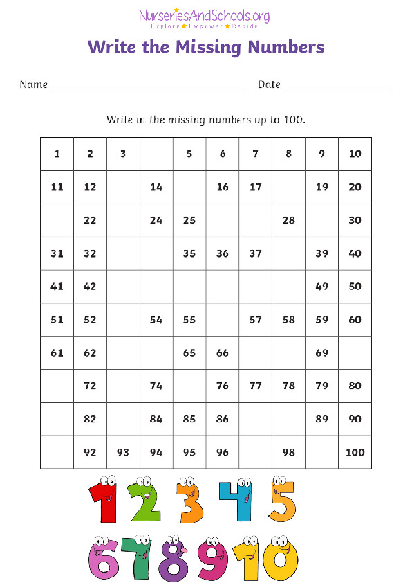 Write the missing numbers worksheet