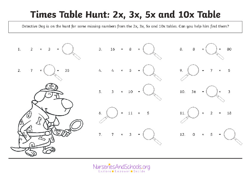 times table hunt - 2x, 3x, 5x and 10x tables