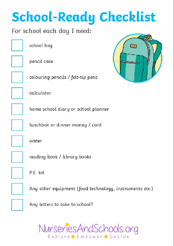 School ready checklist - School needs
