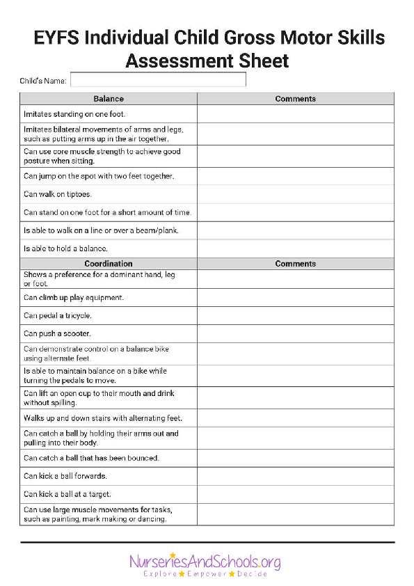 EYFS Individual child gross motor skills assessment template