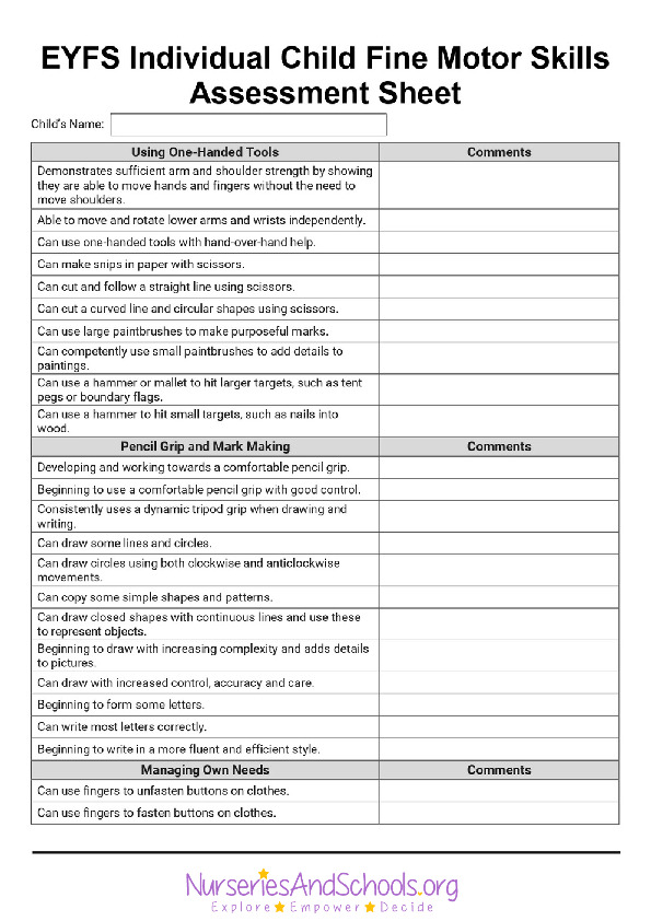 EYFS Individual child fine motor skills assessment sheet