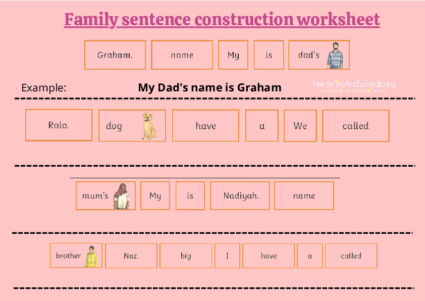 Family sentence construction worksheet
