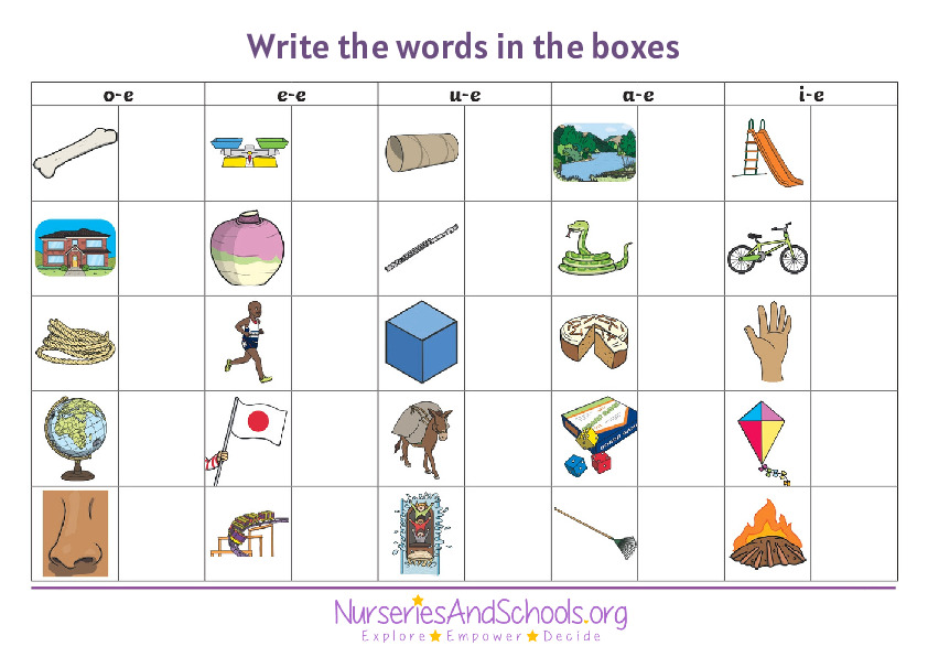 write the words in the boxes - English