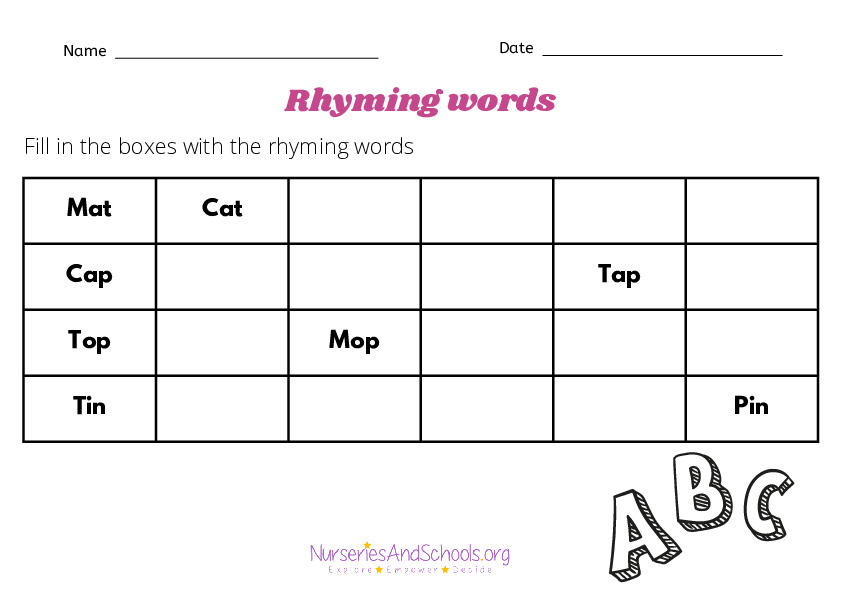 Rhyming words - Reception worksheet