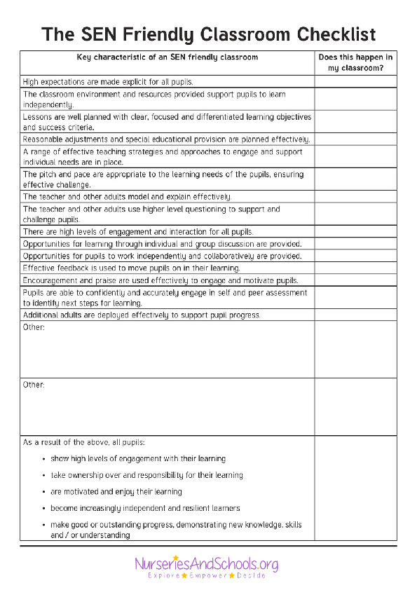 SEN- friendly classroom checklist